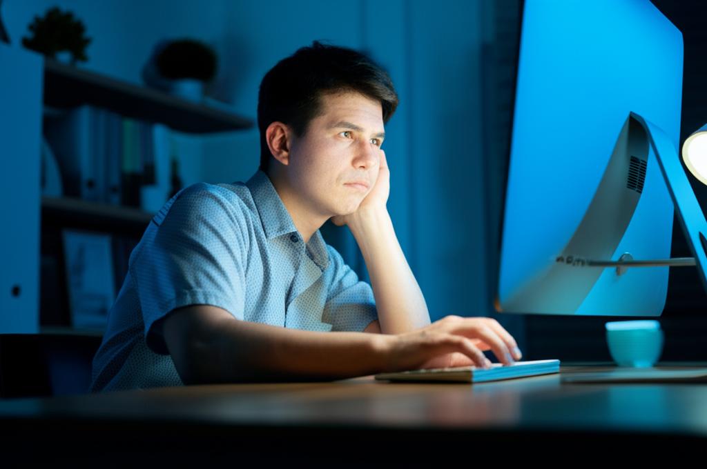 AI prompt: A man sitting at a desk late at night, looking tired and slightly uncomfortable, with a blueish screen glow on his face. The background is a home office setting.