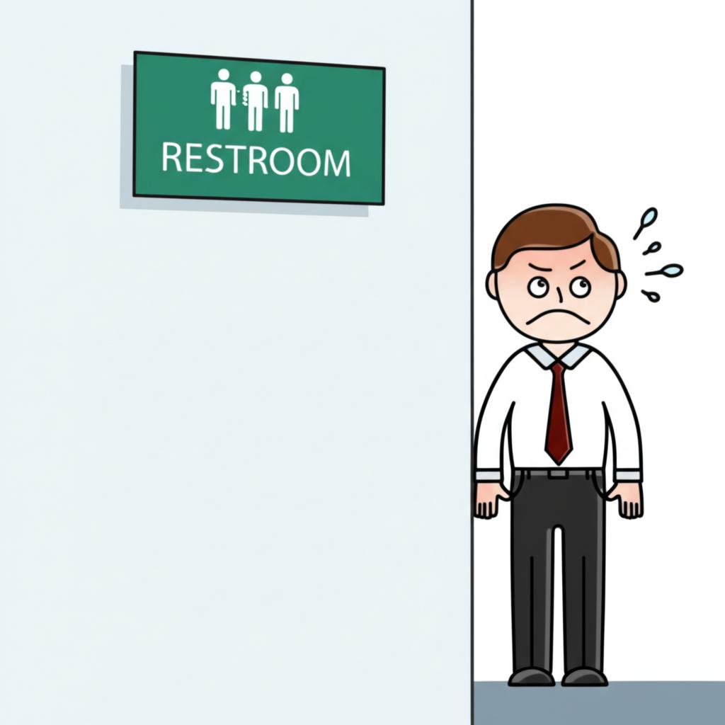 illustration of a tired office worker looking stressed near a restroom sign, feeling discomfort