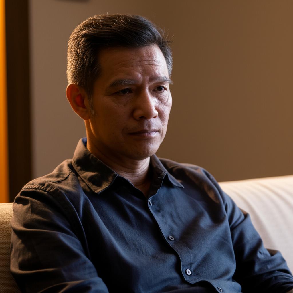 AI prompt: A middle-aged man in Singapore looking slightly tired but hopeful, sitting on a sofa, deep in thought, warm lighting, realistic photo