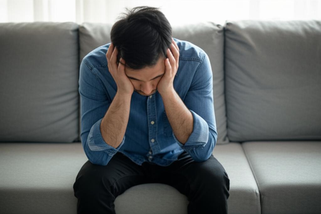 AI prompt: A man sitting alone on a sofa in a modern Singapore apartment, looking tired and stressed, head in hands, low energy atmosphere, realistic photo