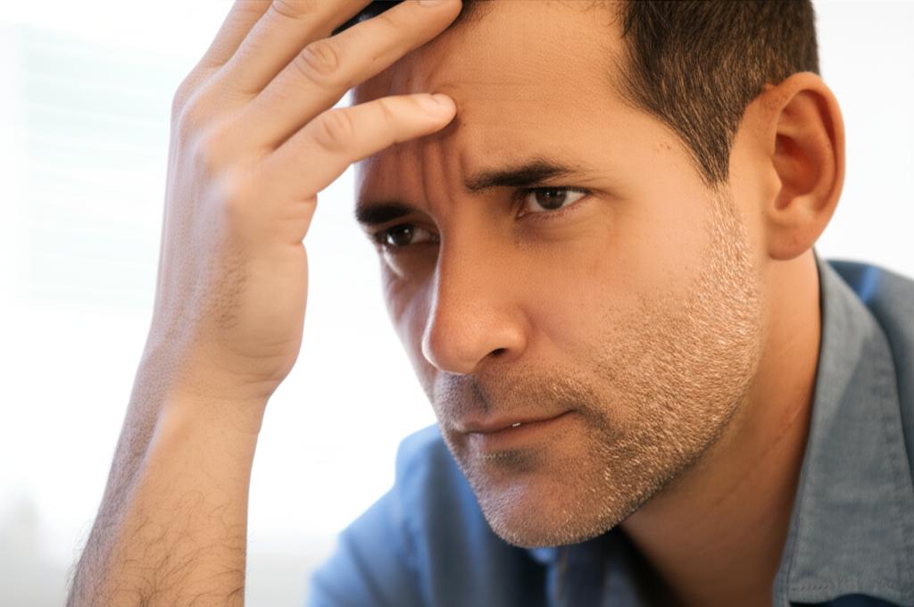 A man sitting alone, looking thoughtful and slightly stressed, contemplating a challenging personal issue.