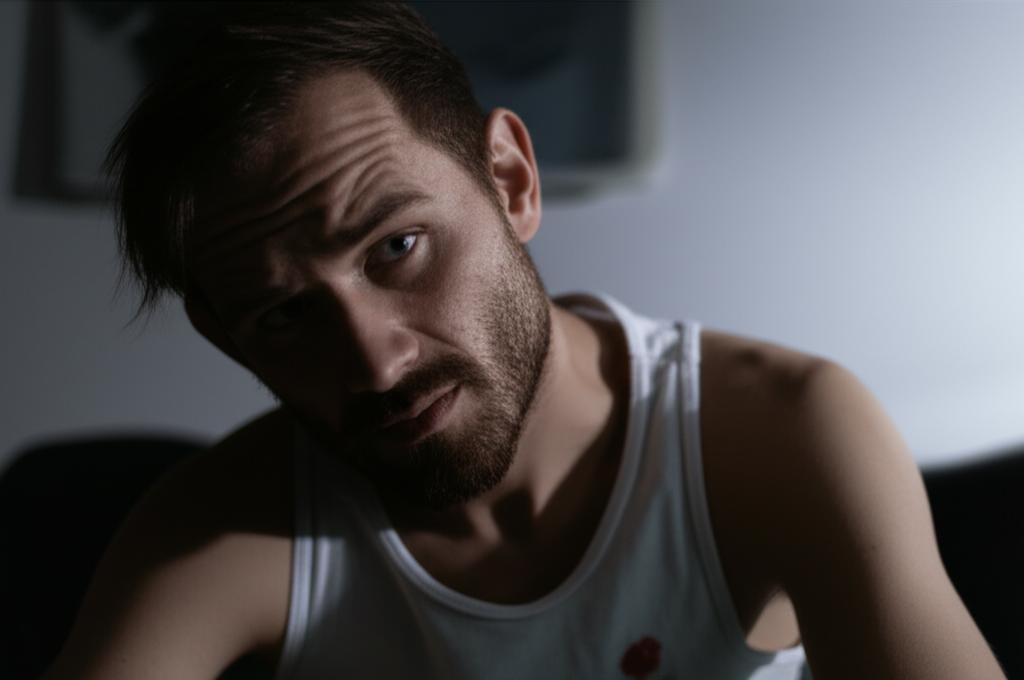 Prompt for AI: realistic photo of a man looking tired and stressed after an intimate encounter, dim lighting, pensive mood