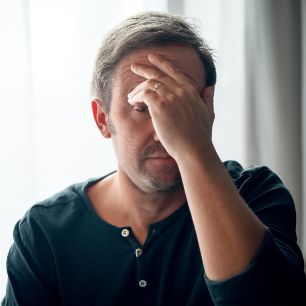 A man sitting alone, looking thoughtful and slightly stressed, reflecting on relationship challenges.