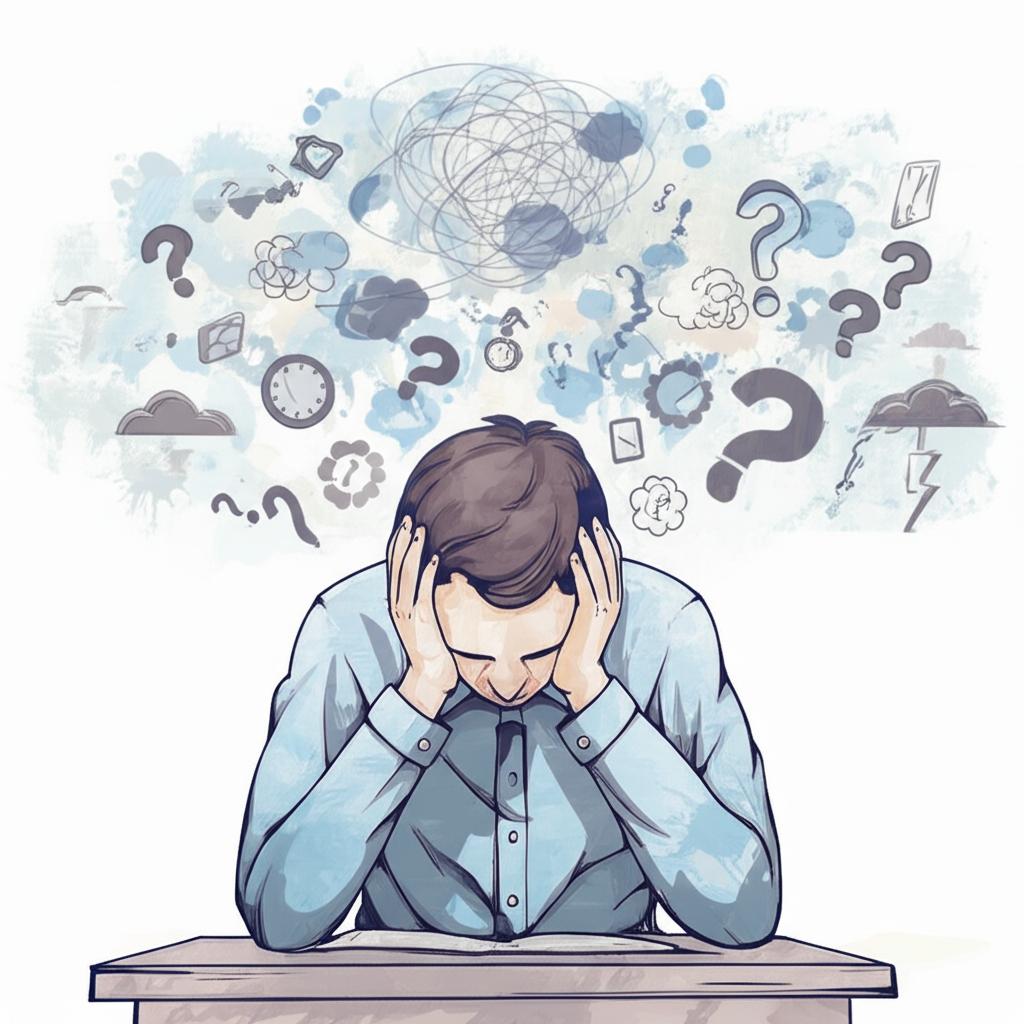 Illustration of a tired man sitting at a desk with head in hands, overlaid with symbols of stress and worry