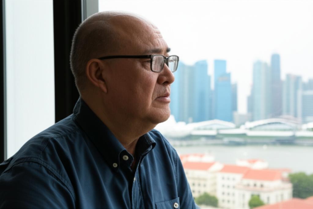 Image of a thoughtful man in Singapore looking concerned about health and aging, perhaps sitting by a window overlooking the city skyline.