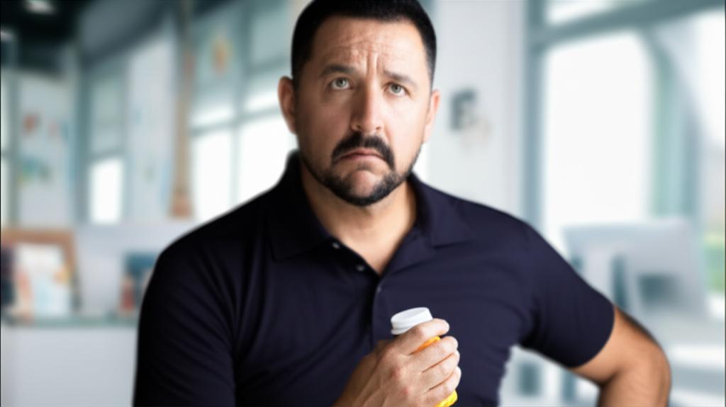 middle aged man looking stressed or thoughtful, perhaps holding a pill bottle, in a modern setting