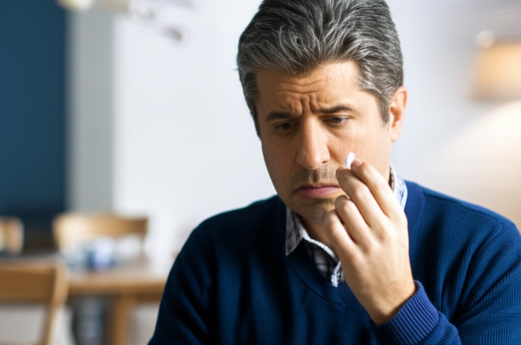 Realistic photo of a man in his late 40s looking concerned while holding a pill, sitting alone at home, soft lighting, thoughtful expression