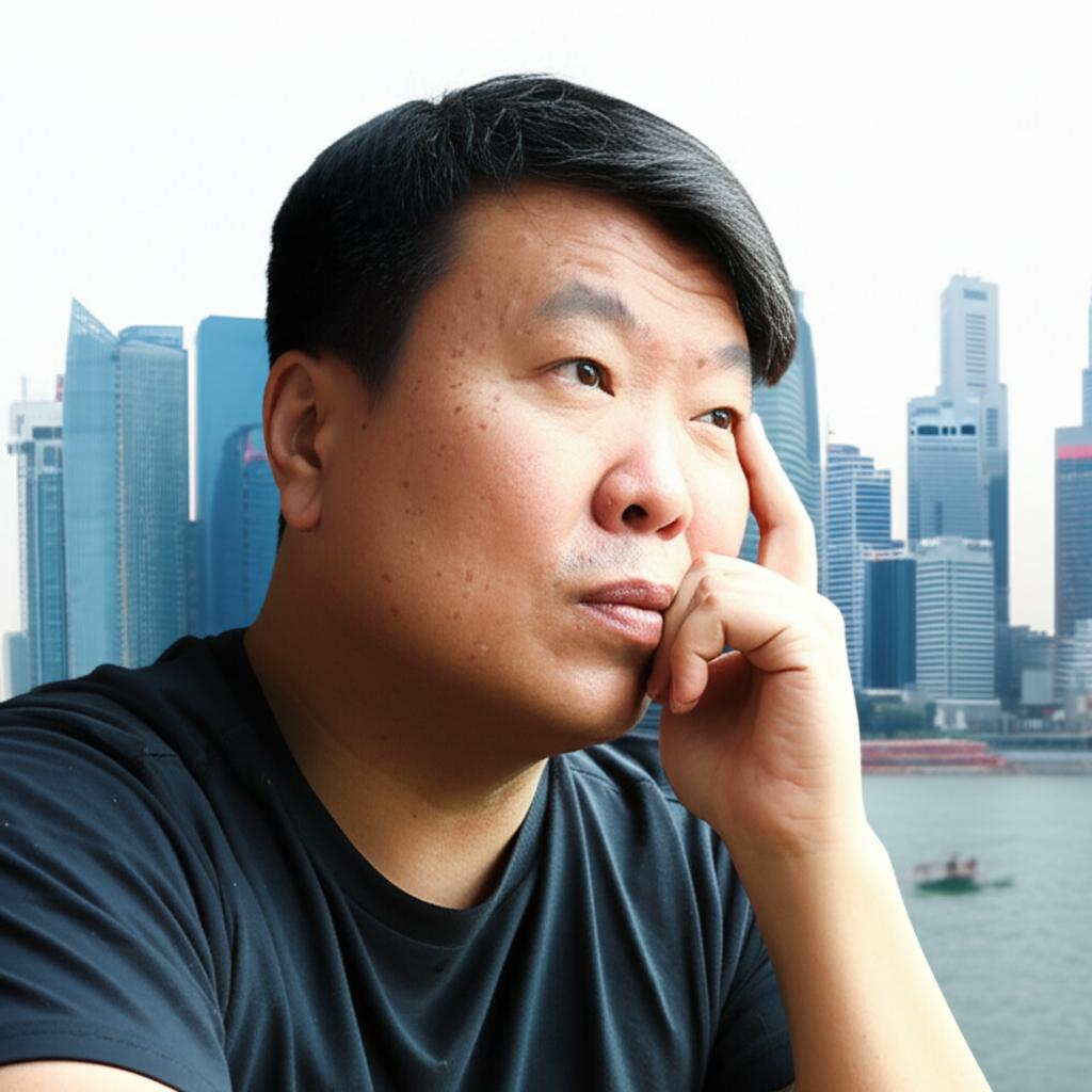 Middle-aged Asian man in Singapore, looking thoughtful, contemplating health, subtle background of Singapore skyline, realistic photo