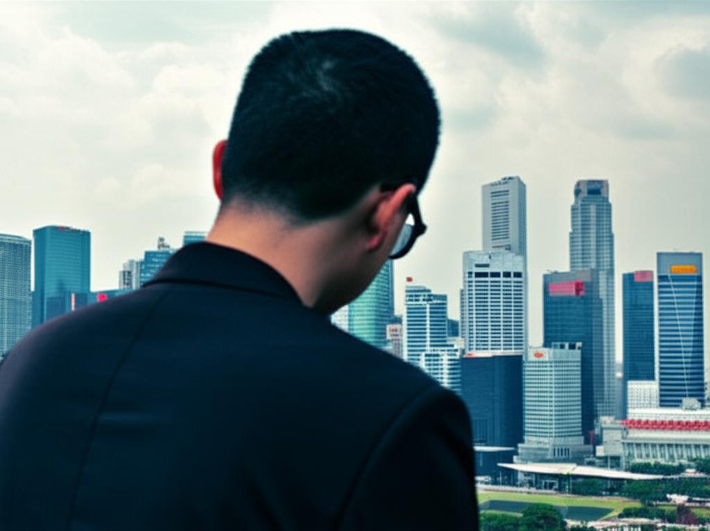 A tired man in Singapore looking at a city skyline, feeling overwhelmed by pressure and lack of energy. Atmospheric, slightly desaturated colors.