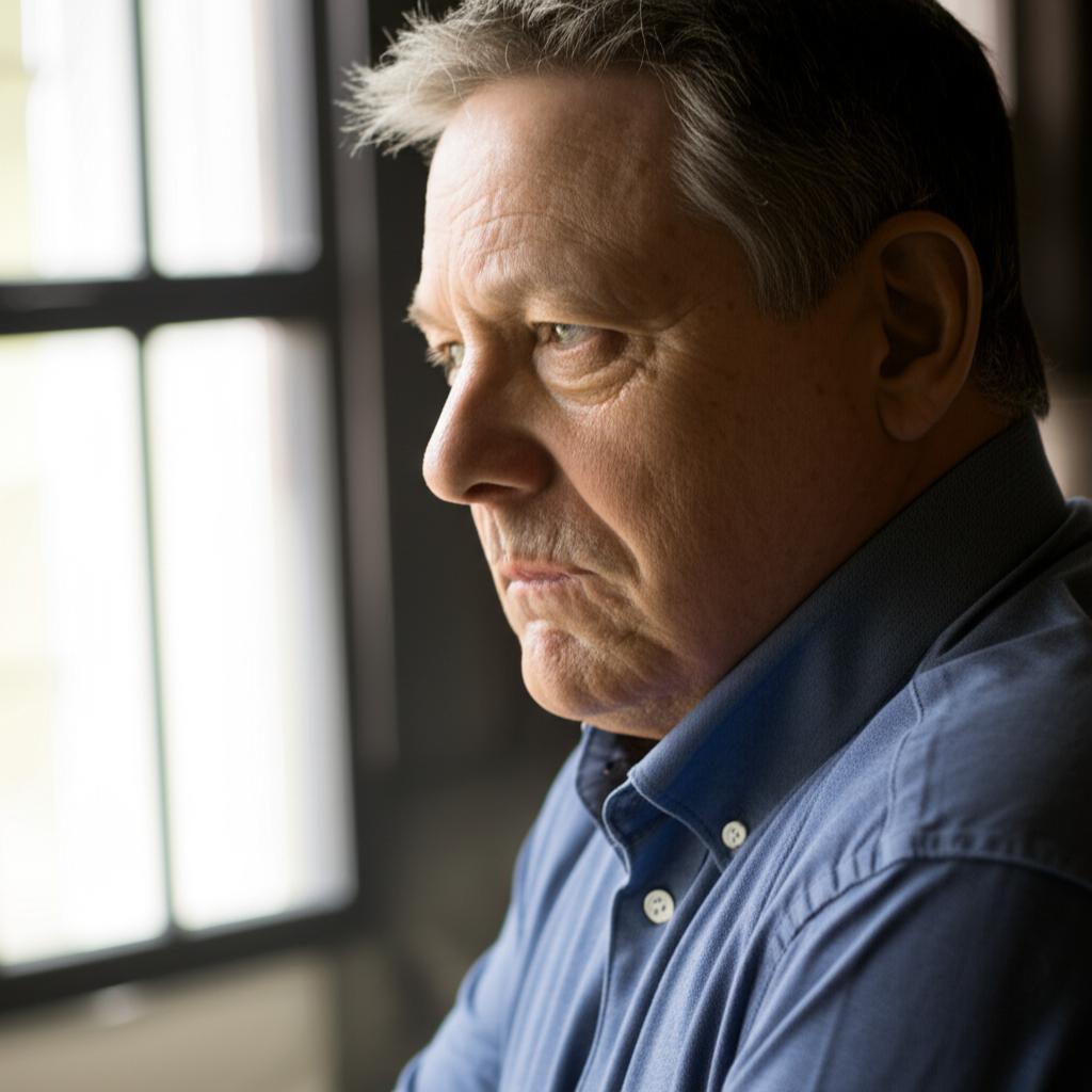 A thoughtful middle-aged man looking out a window, contemplating past vitality and future hope, soft lighting, realistic photo