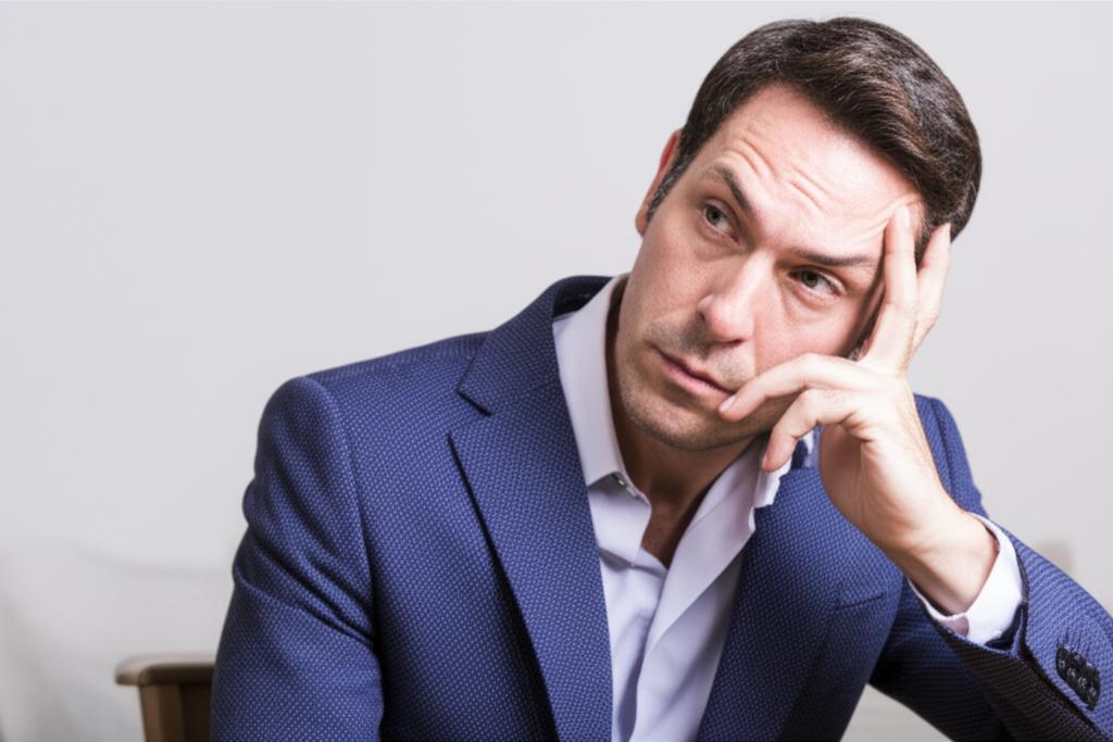AI prompt: A man in his 40s or 50s looking pensive and slightly frustrated, sitting alone, suggesting worry about performance issues. Soft lighting, slightly desaturated colors.
