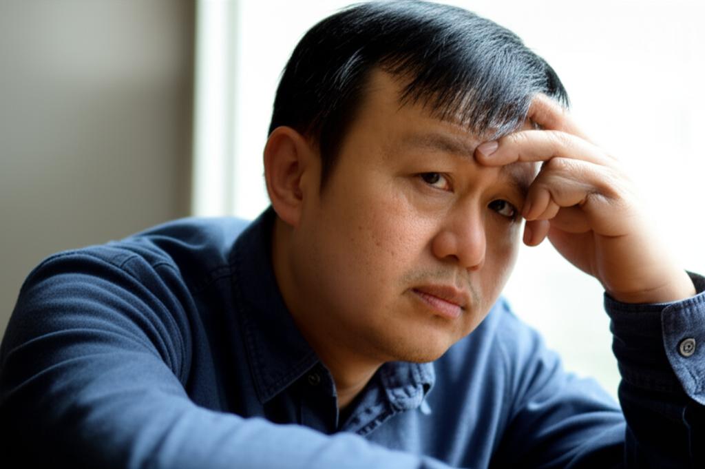 AI prompt: A middle-aged Asian man sitting alone, looking tired and thoughtful, perhaps holding his head slightly, indoor setting, soft lighting, representing fatigue and contemplation