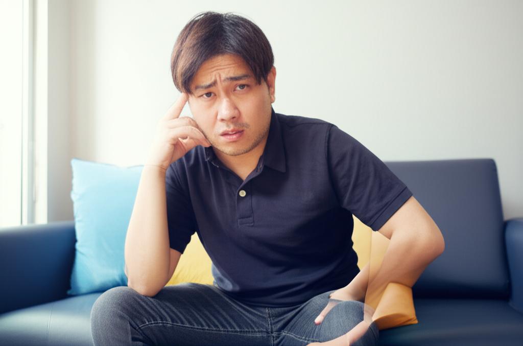 A tired man sitting on a sofa, looking frustrated, with subtle hints of urban Singapore in the background, realistic style