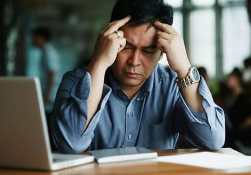 AI prompt: A middle-aged Asian man in Singapore looking visibly tired and rubbing his temples while sitting at a desk. The background is slightly blurred, suggesting a busy environment. Realistic style.