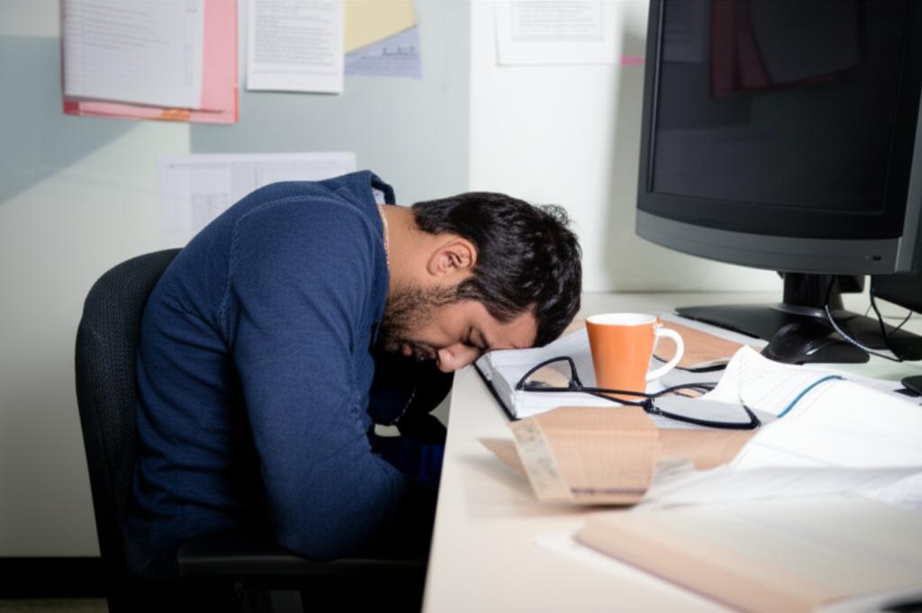 Prompt: Exhausted man in office cubicle, head in hands, empty coffee cup on desk