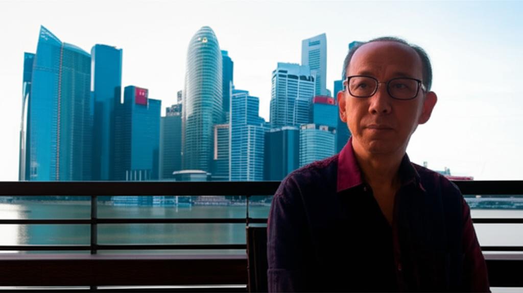 AI prompt: A middle-aged man in Singapore looking tired and thoughtful, sitting alone, with a cityscape visible in the background, realistic photography style