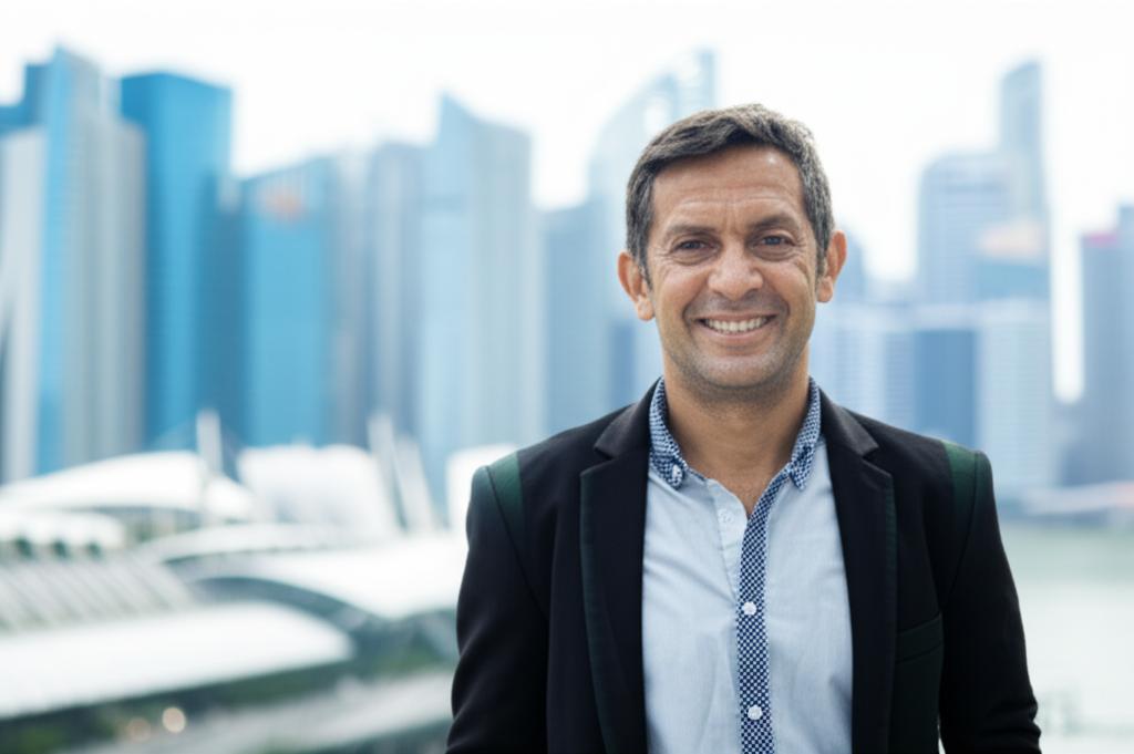 AI prompt: A smiling man in his 40s, dressed in smart casual wear, looking confident and relaxed, standing in front of a blurred background of Singapore