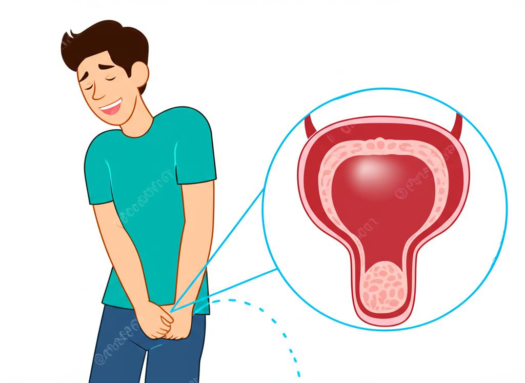 AI prompt: An illustration showing a man looking relieved and happy while easily urinating, with a healthy prostate gland highlighted.