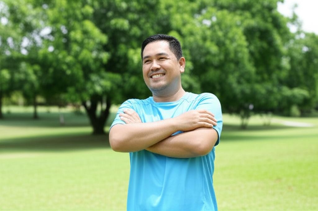 AI prompt: A middle-aged man in Singapore looking energetic and smiling while exercising outdoors in a park, perhaps doing light stretches or walking briskly.