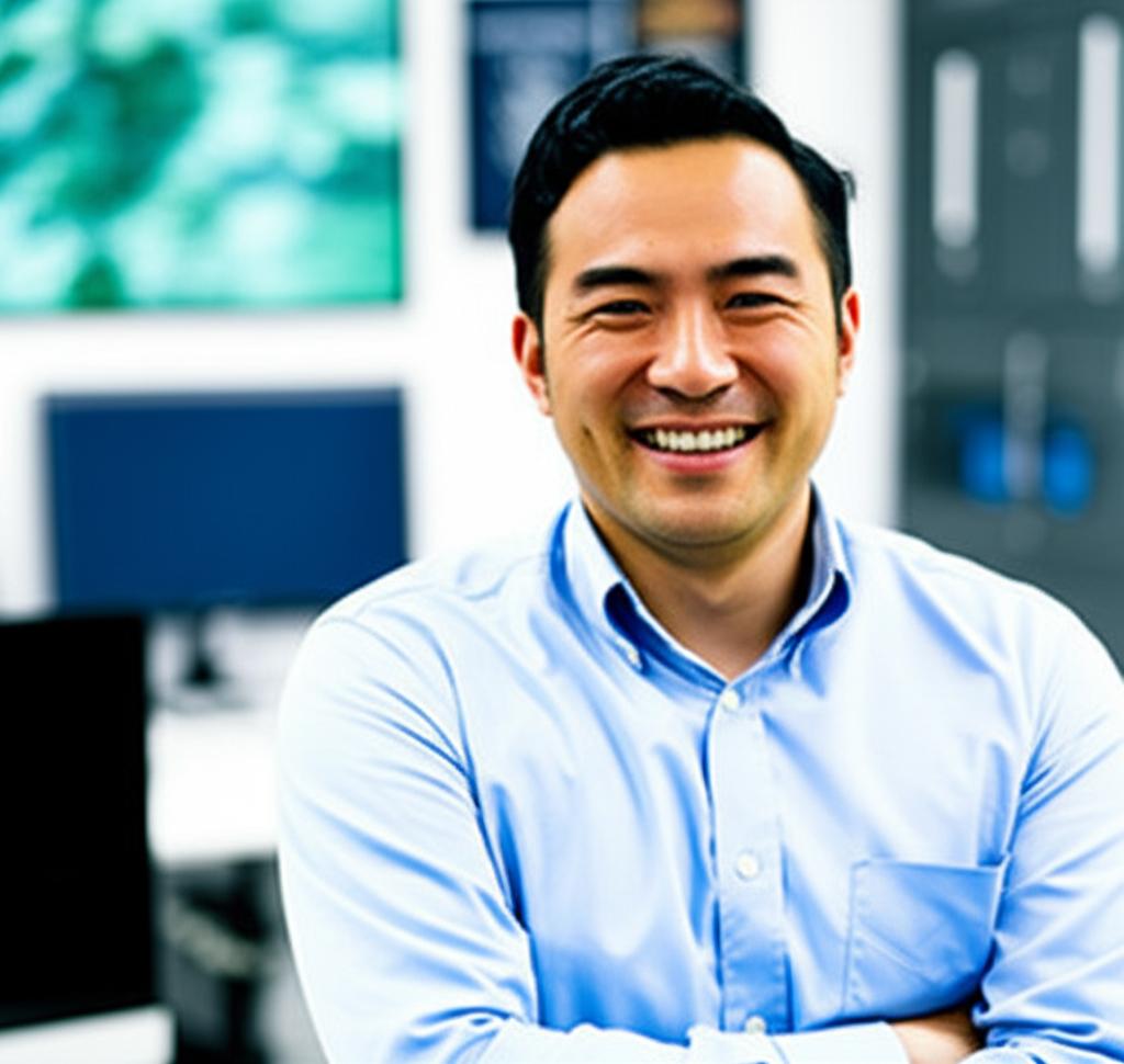 photo of a man smiling confidently in an office setting, looking relaxed