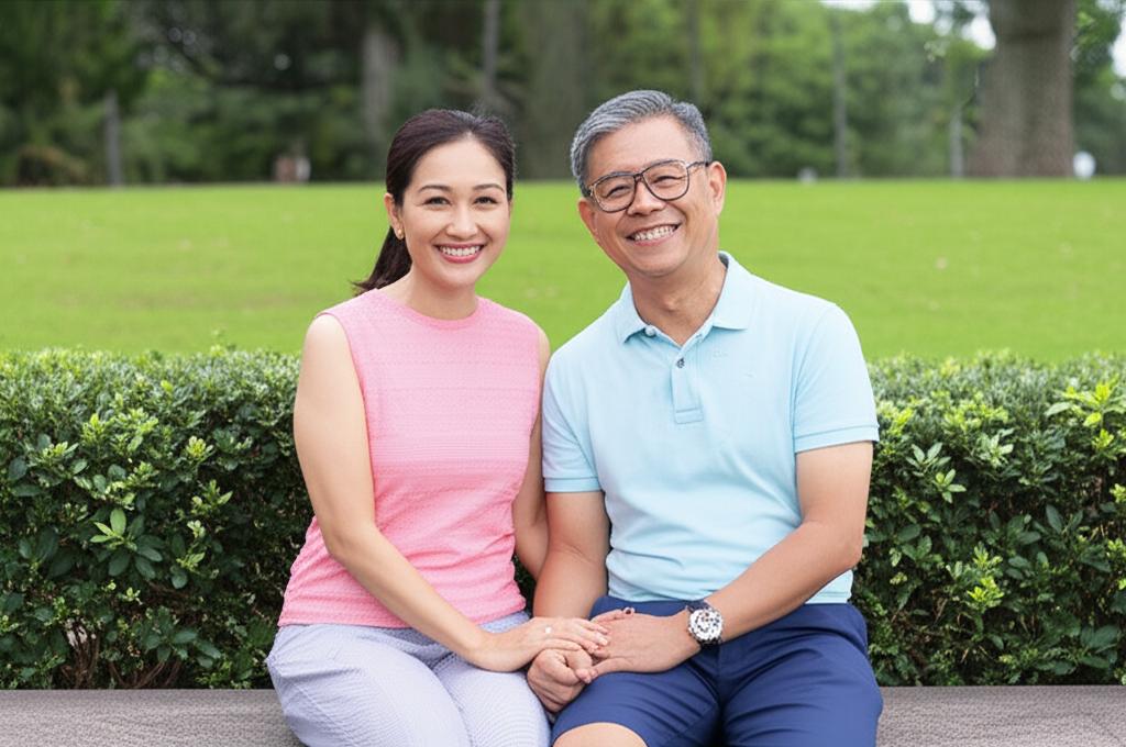 AI prompt: A middle-aged couple in Singapore holding hands and smiling, sitting close on a park bench, warm and happy atmosphere, realistic photo