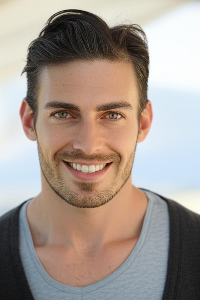 Prompt for AI: realistic photo of a man smiling confidently and feeling energetic, morning light, positive transformation