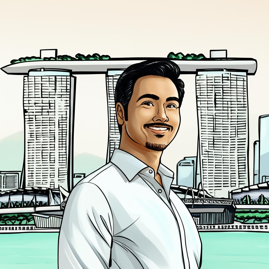 Illustration of a confident man smiling and standing tall, with a cityscape of Singapore in the background