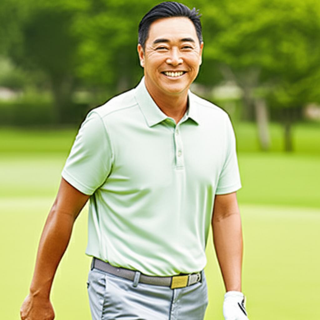 Image of a confident middle-aged man in Singapore smiling and looking energetic, perhaps playing golf or enjoying an outdoor activity.