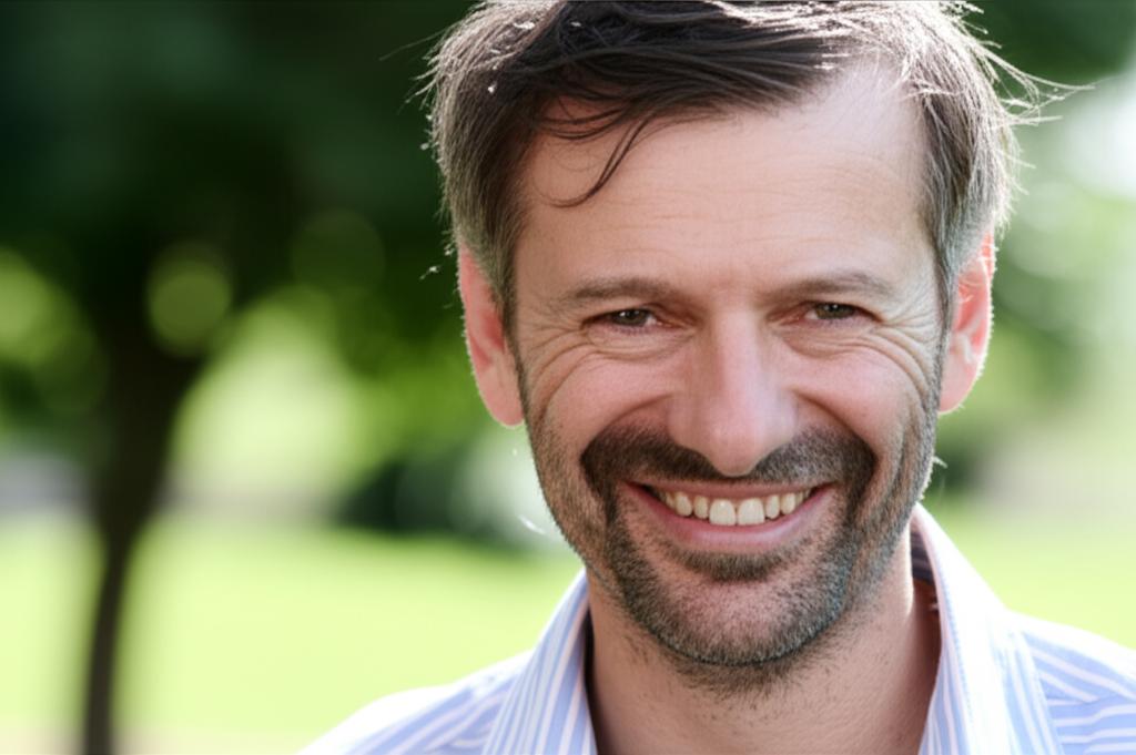 middle aged man smiling confidently, looking healthy and energetic, perhaps outdoors or in a relaxed home setting