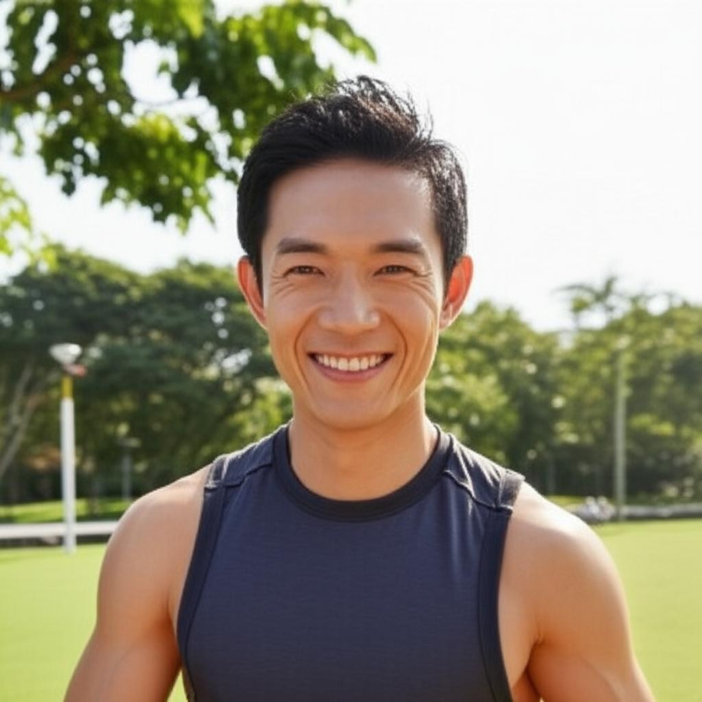 Realistic photo of the same man from IMAGE_PLACEHOLDER_1, now smiling confidently, looking healthy and energetic, perhaps outdoors in a park in Singapore, bright daylight