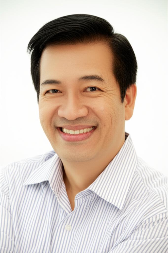 Middle-aged Asian man in Singapore, smiling confidently and relaxed, representing improved well-being, natural light, realistic photo