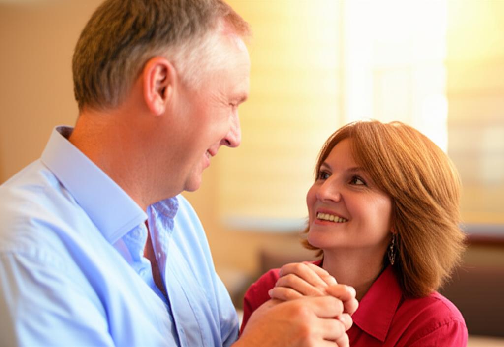 A middle-aged couple holding hands and smiling warmly at each other, representing renewed intimacy and connection, soft focus background, warm lighting, realistic photo