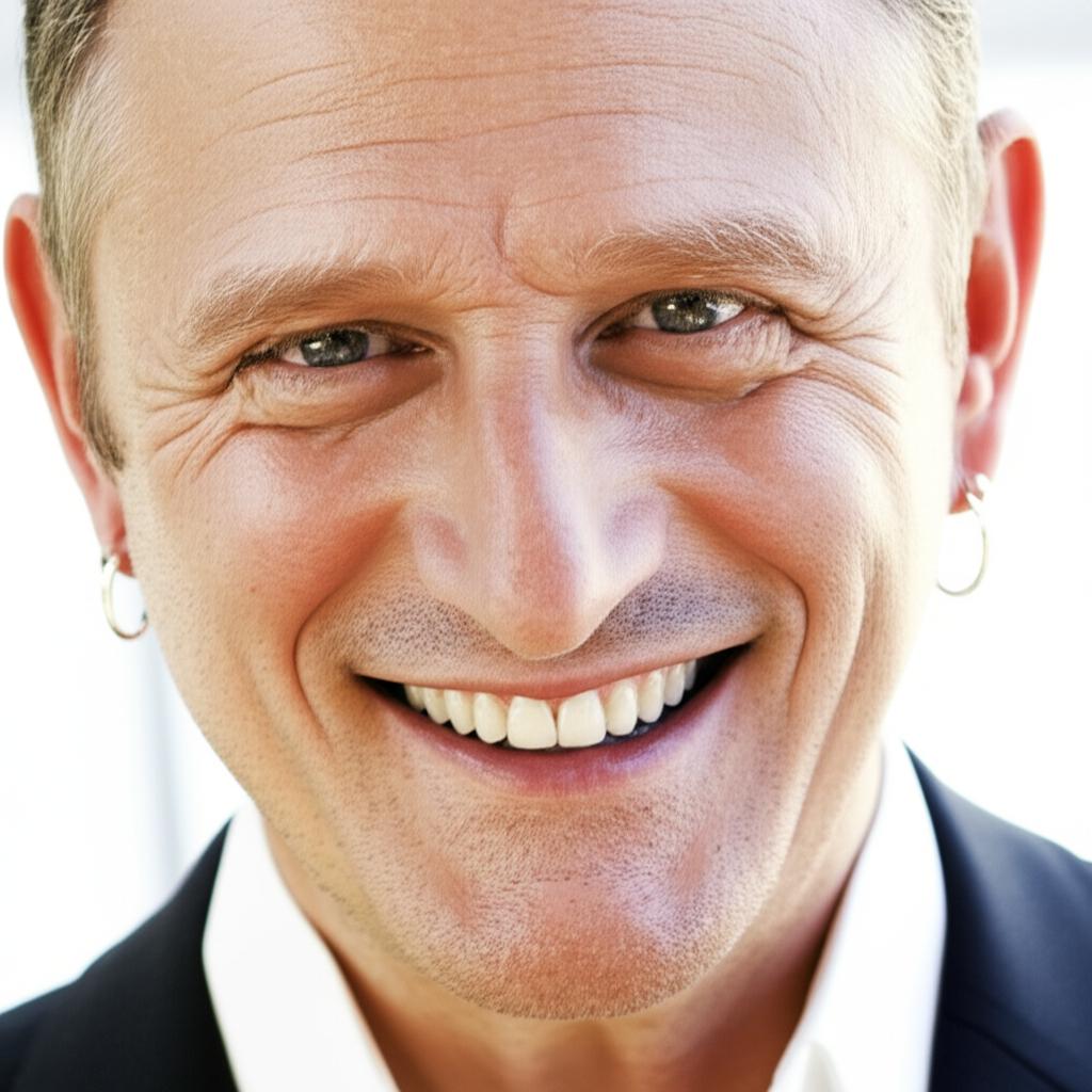AI prompt: A man in his 50s smiling confidently, looking revitalized and happy, perhaps with a subtle background suggesting a positive relationship or active lifestyle. Bright, warm lighting.