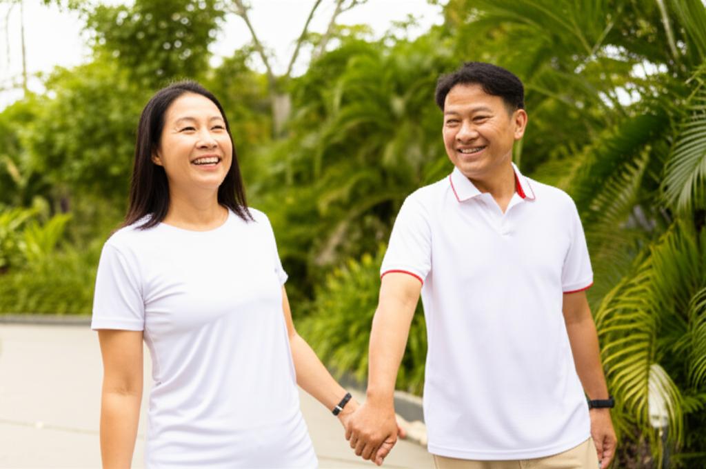 AI prompt: A happy middle-aged Asian couple smiling and holding hands, looking energetic and connected, outdoor park setting in Singapore, warm lighting, representing improved relationship and vitality