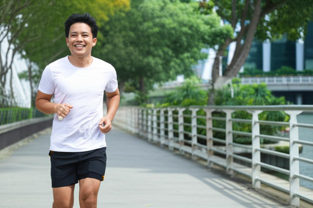 An energetic Asian man jogging along Singapore