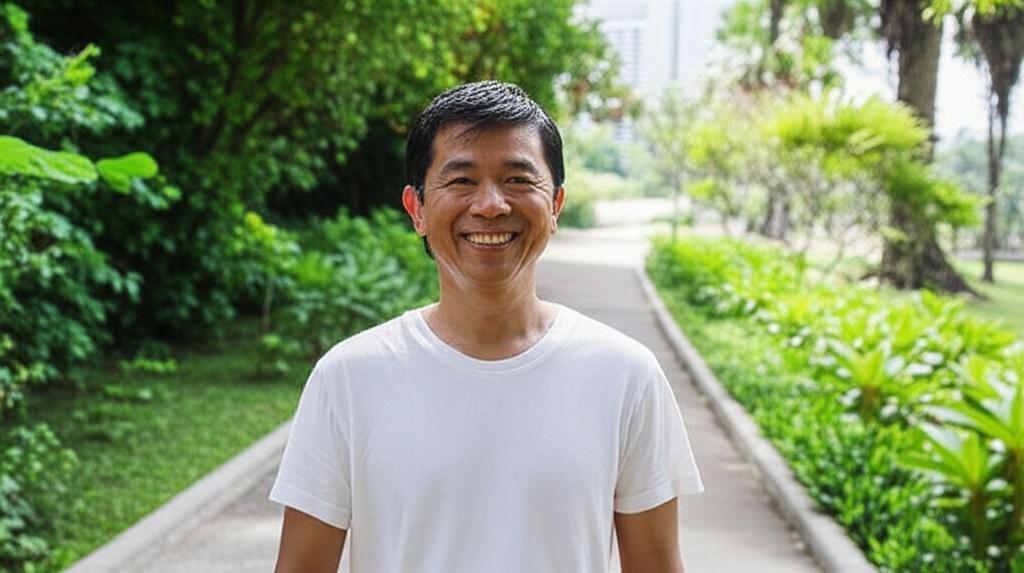 A man in his late 40s smiling confidently while walking outdoors in a park in Singapore, looking energetic and healthy, realistic style