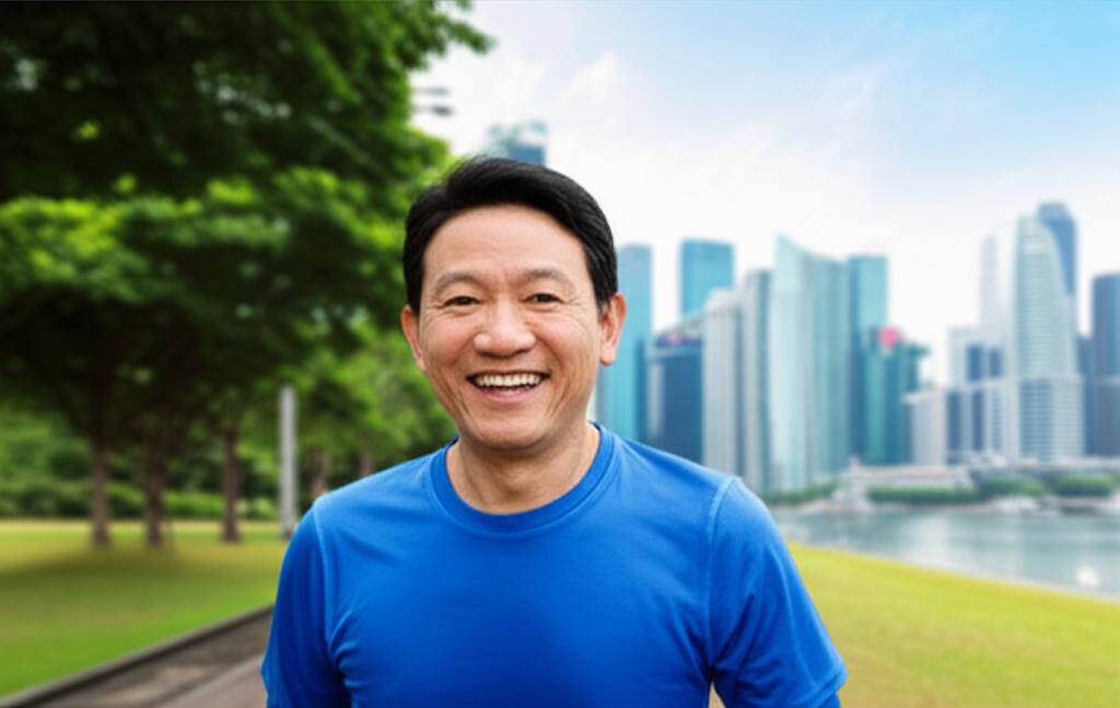 AI prompt: A middle-aged Asian man in Singapore looking energetic and smiling, perhaps exercising or enjoying an outdoor activity. The background shows a park or city skyline. Realistic style.