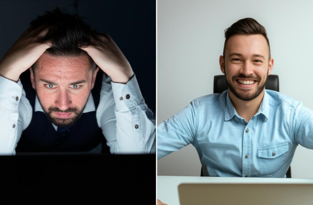 Prompt: Split image - Left side: Man looking stressed and tired at a laptop. Right side: The same man looking relaxed, confident, and smiling