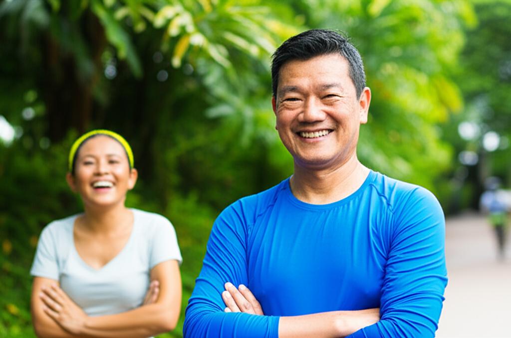 AI prompt: A middle-aged man in Singapore smiling confidently, looking energetic and happy, perhaps exercising or spending time with a partner, realistic photography style